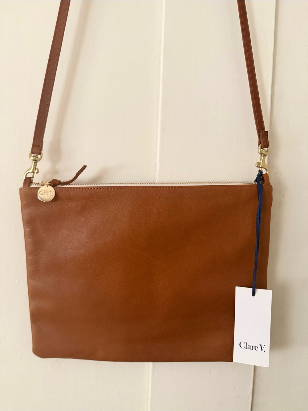 Clare V Cognac Leather Crossbody with Gold Hardware